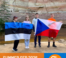 Picture of SEPers from Czechia in Estonian nature with flags of both countries.